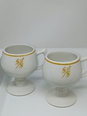 Sterling China White Ceramic Pedestal Mugs with Gold Accents